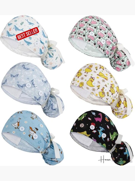 6 Pcs Scrub Caps with Buttons Adjustable Bouffant Hat Ponytail Holder Tie Back